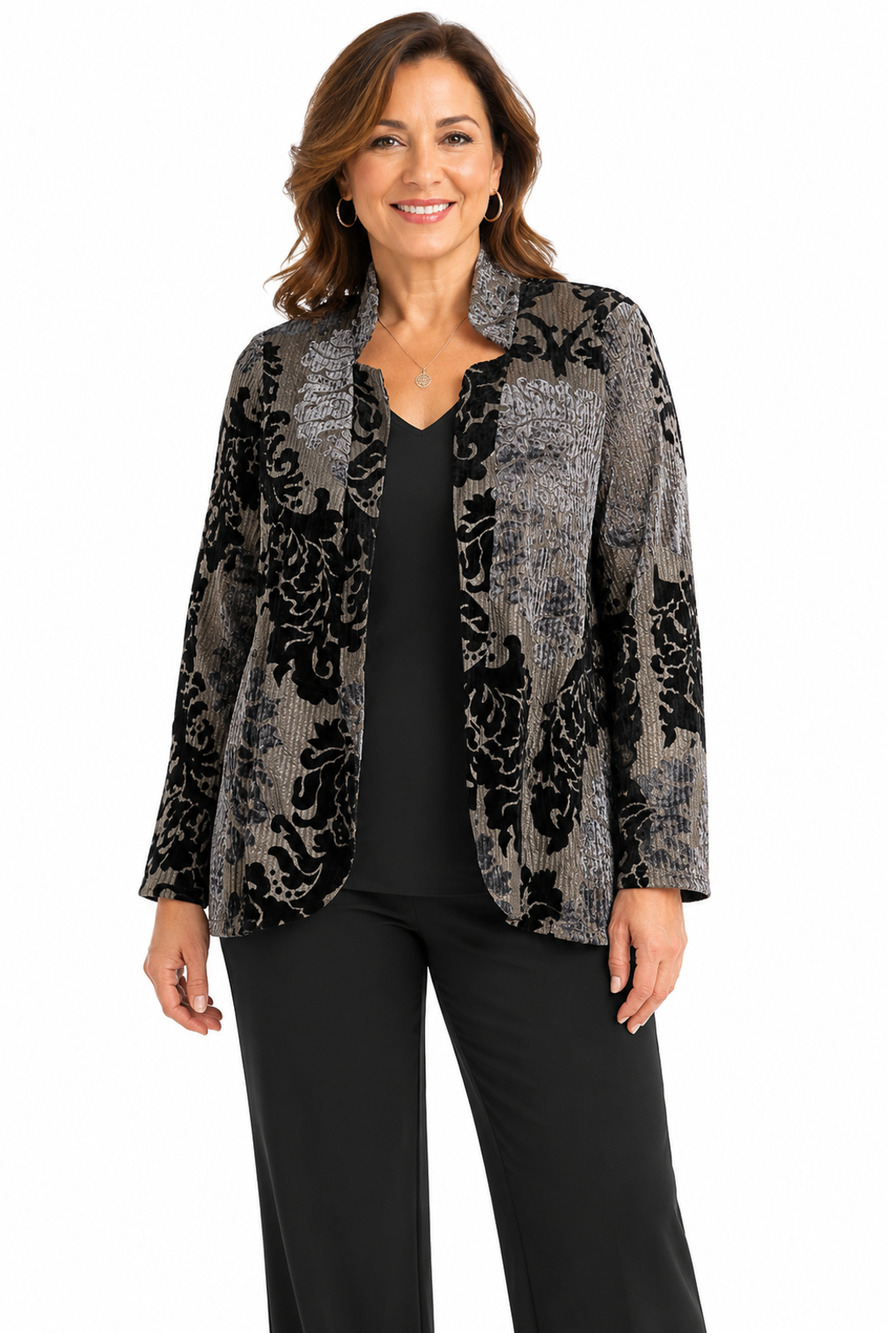 Chicos Womens Burnout Velvet Open Floral Jacket Evening Cocktail Party sz 2 / L
